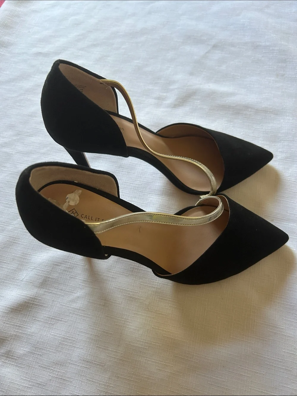 Call It Spring Black Pointed D'Orsay Heels with Gold Accent Strap